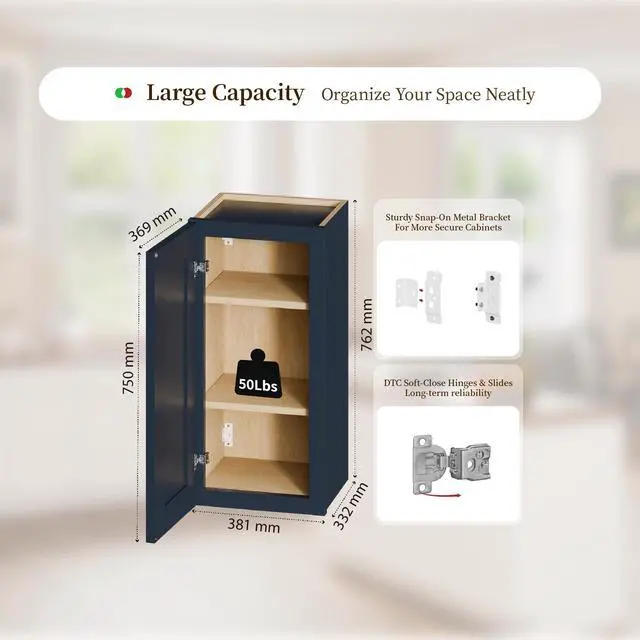 Alt view image 7 of 7 - 15" Navy Blue Shaker Wall Cabinet Solid Wood with 2 Adjustable Shelves Ready-to-Assemble for Kitchen, Bathroom, Laundry, and Garage Storage (15"W×12"D×30"H)