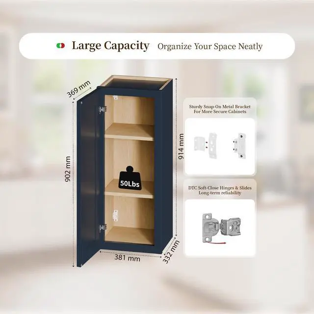 Alt view image 3 of 7 - 15" Navy Blue Shaker Wall Cabinet Solid Wood with 2 Adjustable Shelves Ready-to-Assemble for Kitchen, Bathroom, Laundry, and Garage Storage (15"W×12"D×36"H)