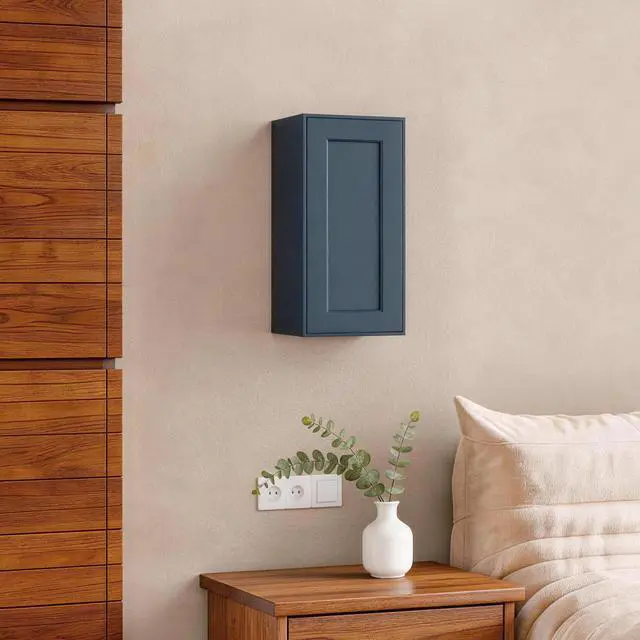 Alt view image 2 of 7 - 15" Navy Blue Shaker Wall Cabinet Solid Wood with 2 Adjustable Shelves Ready-to-Assemble for Kitchen, Bathroom, Laundry, and Garage Storage (15"W×12"D×30"H)