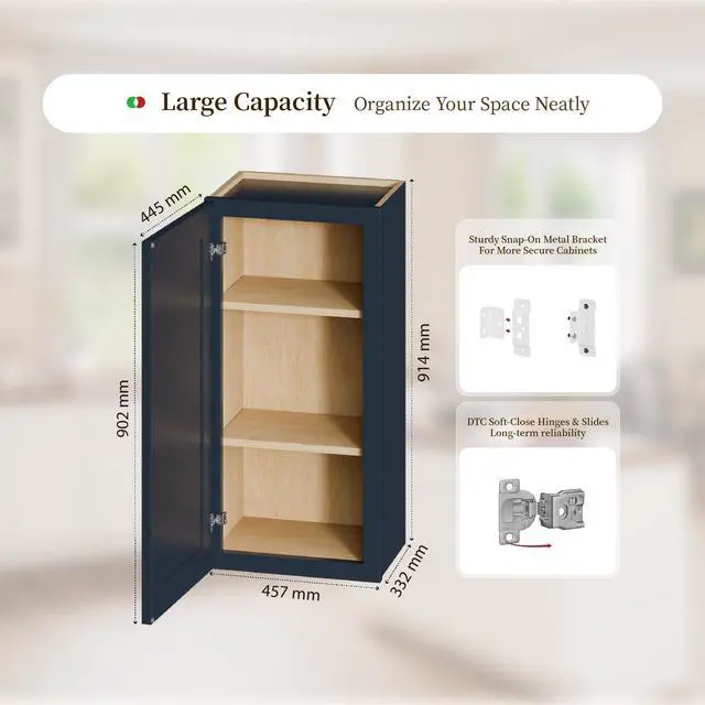 Alt view image 3 of 7 - 18" Navy Blue Shaker Wall Cabinet Solid Wood with 2 Adjustable Shelves Ready-to-Assemble for Kitchen, Bathroom, Laundry, and Garage Storage (18"W×12"D×36"H)