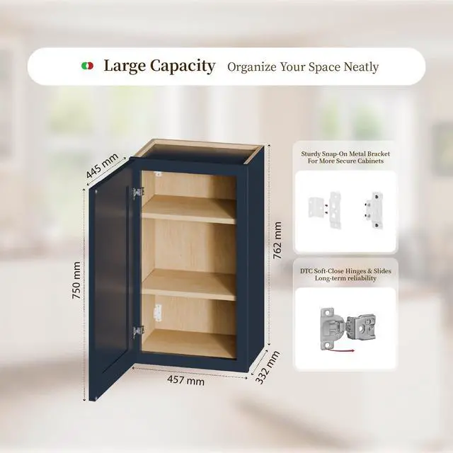 Alt view image 5 of 7 - 18" Navy Blue Shaker Wall Cabinet Solid Wood with 2 Adjustable Shelves Ready-to-Assemble for Kitchen, Bathroom, Laundry, and Garage Storage (18"W×12"D×30"H)