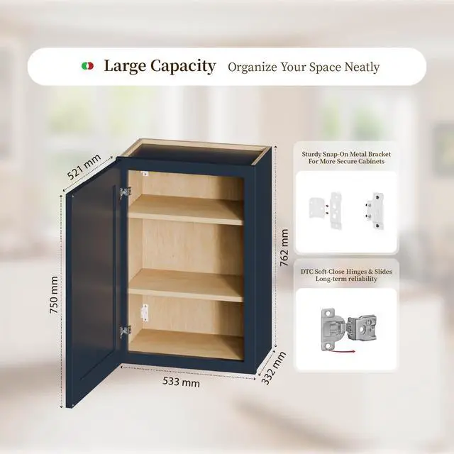 Alt view image 4 of 7 - 21" Navy Blue Shaker Wall Cabinet Solid Wood with 2 Adjustable Shelves Ready-to-Assemble for Kitchen, Bathroom, Laundry, and Garage Storage (21"W×12"D×30"H)
