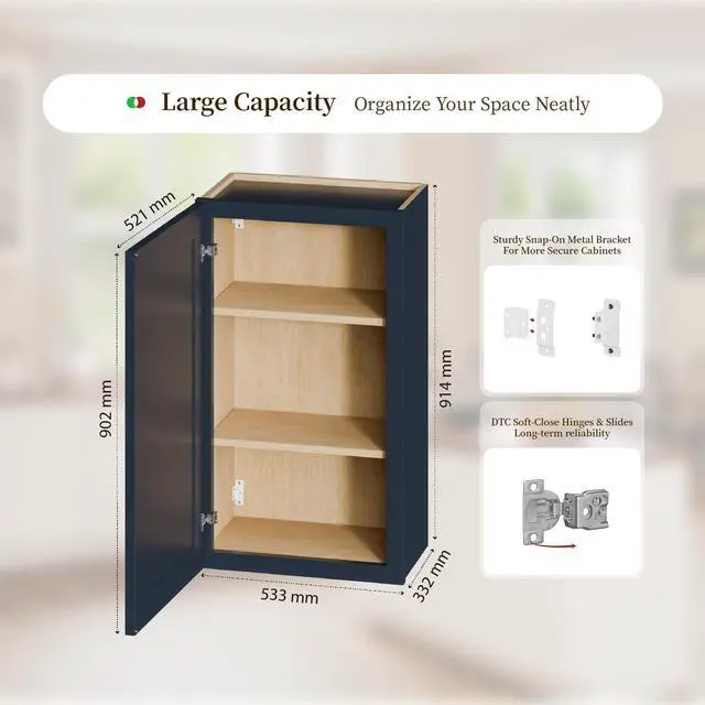 Alt view image 3 of 7 - 21" Navy Blue Shaker Wall Cabinet Solid Wood with 2 Adjustable Shelves Ready-to-Assemble for Kitchen, Bathroom, Laundry, and Garage Storage (21"W×12"D×36"H)