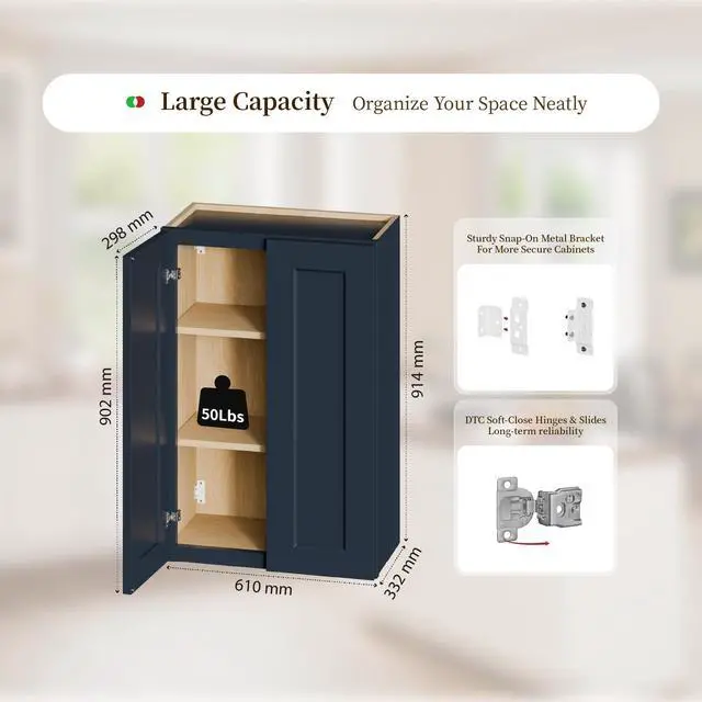 Alt view image 3 of 7 - 24" Navy Blue Shaker Wall Cabinet Solid Wood with 2 Adjustable Shelves Ready-to-Assemble for Kitchen, Bathroom, Laundry, and Garage Storage (24"W×12"D×36"H)