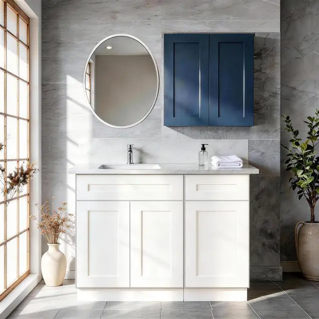 Alt view image 2 of 7 - 24" Navy Blue Shaker Wall Cabinet Solid Wood with 2 Adjustable Shelves Ready-to-Assemble for Kitchen, Bathroom, Laundry, and Garage Storage (24"W×12"D×36"H)