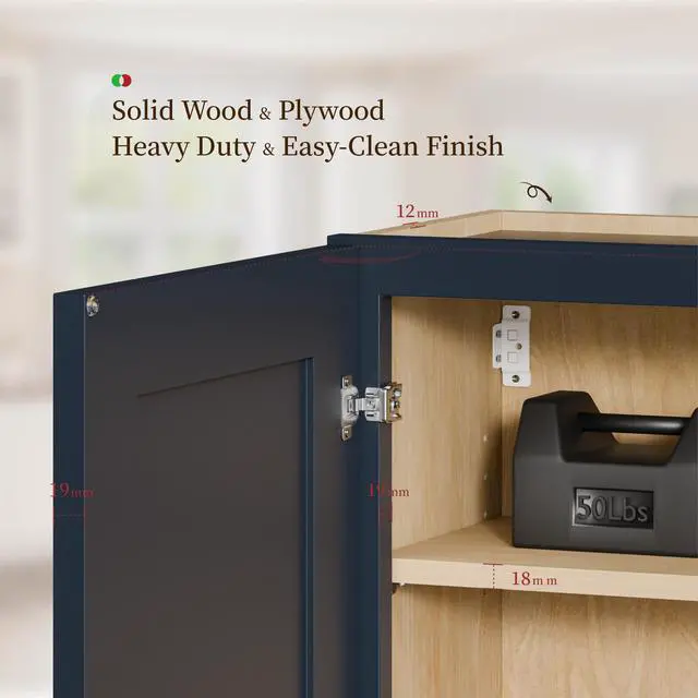 Alt view image 6 of 7 - 15" Navy Blue Shaker Wall Cabinet Solid Wood with 2 Adjustable Shelves Ready-to-Assemble for Kitchen, Bathroom, Laundry, and Garage Storage (15"W×12"D×30"H)