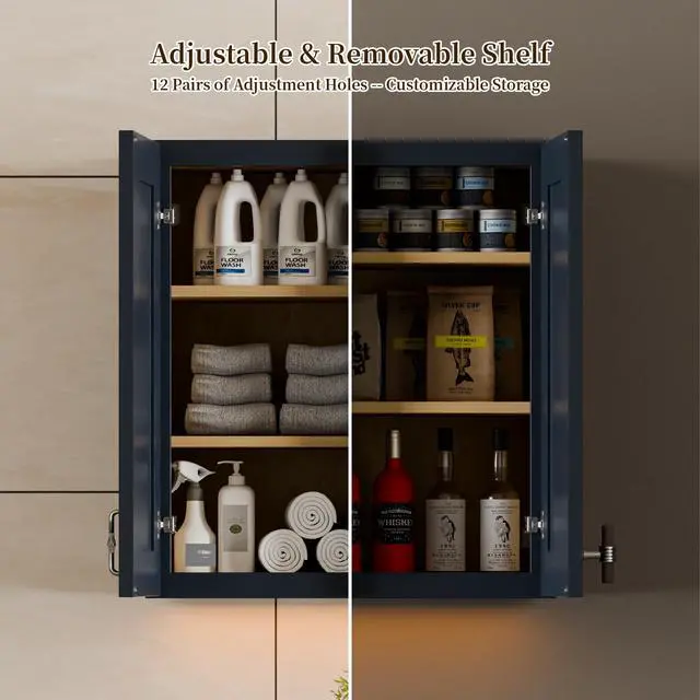 Alt view image 7 of 7 - 21" Navy Blue Shaker Wall Cabinet Solid Wood with 2 Adjustable Shelves Ready-to-Assemble for Kitchen, Bathroom, Laundry, and Garage Storage (21"W×12"D×30"H)