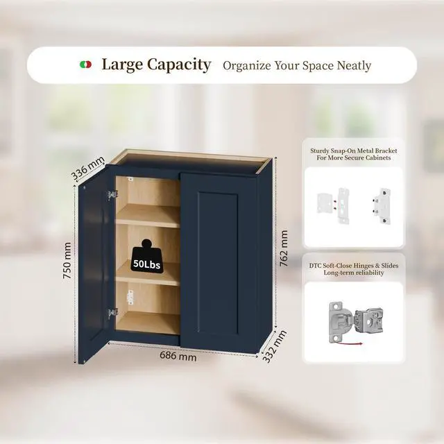 Alt view image 3 of 7 - 27" Navy Blue Shaker Wall Cabinet Solid Wood with 2 Adjustable Shelves Ready-to-Assemble for Kitchen, Bathroom, Laundry, and Garage Storage (27"W×12"D×30"H)