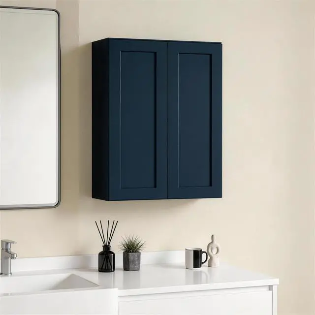 Alt view image 4 of 7 - 24" Navy Blue Shaker Wall Cabinet Solid Wood with 2 Adjustable Shelves Ready-to-Assemble for Kitchen, Bathroom, Laundry, and Garage Storage (24"W×12"D×36"H)