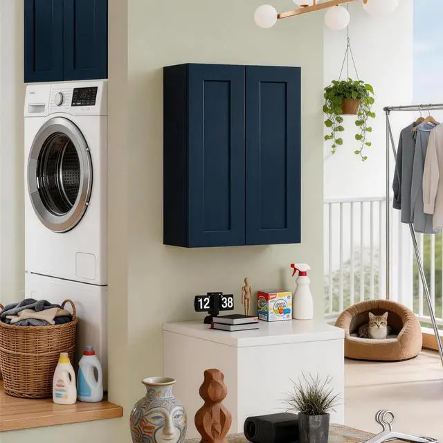 Alt view image 4 of 7 - 27" Navy Blue Shaker Wall Cabinet Solid Wood with 2 Adjustable Shelves Ready-to-Assemble for Kitchen, Bathroom, Laundry, and Garage Storage (27"W×12"D×30"H)