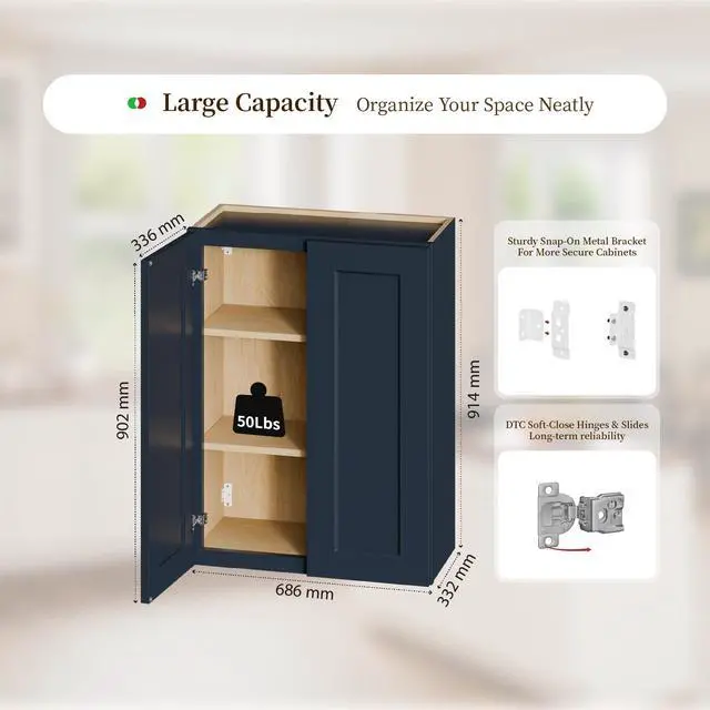 Alt view image 3 of 7 - 27" Navy Blue Shaker Wall Cabinet Solid Wood with 2 Adjustable Shelves Ready-to-Assemble for Kitchen, Bathroom, Laundry, and Garage Storage (27"W×12"D×36"H)