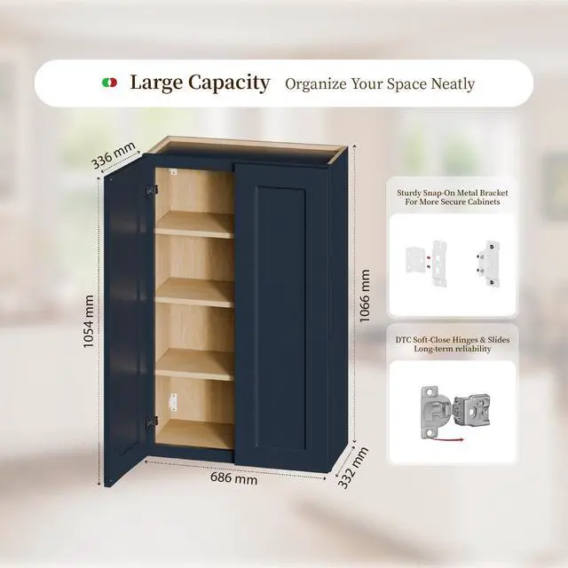 Alt view image 3 of 7 - 27" Navy Blue Shaker Wall Cabinet Solid Wood with 3 Adjustable Shelves Ready-to-Assemble for Kitchen, Bathroom, Laundry, and Garage Storage (27"W×12"D×42"H)