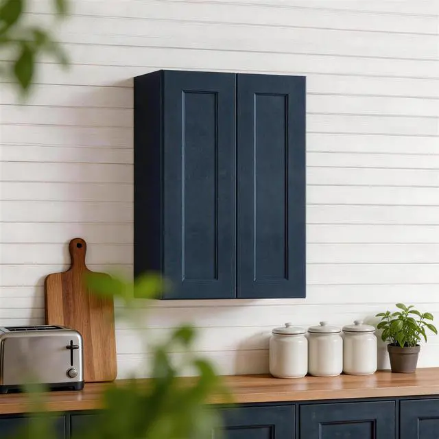 Alt view image 5 of 7 - 27" Navy Blue Shaker Wall Cabinet Solid Wood with 2 Adjustable Shelves Ready-to-Assemble for Kitchen, Bathroom, Laundry, and Garage Storage (27"W×12"D×36"H)