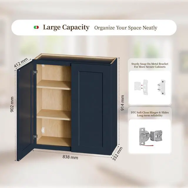 Alt view image 3 of 7 - 33" Navy Blue Shaker Wall Cabinet Solid Wood with 2 Adjustable Shelves Ready-to-Assemble for Kitchen, Bathroom, Laundry, and Garage Storage (33"W×12"D×36"H)