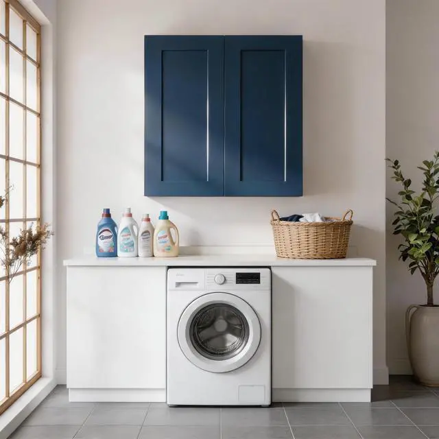Alt view image 2 of 7 - 33" Navy Blue Shaker Wall Cabinet Solid Wood with 2 Adjustable Shelves Ready-to-Assemble for Kitchen, Bathroom, Laundry, and Garage Storage (33"W×12"D×36"H)