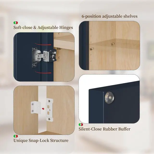 Alt view image 7 of 7 - 33" Navy Blue Shaker Wall Cabinet Solid Wood with 3 Adjustable Shelves Ready-to-Assemble for Kitchen, Bathroom, Laundry, and Garage Storage (33"W×12"D×42"H)
