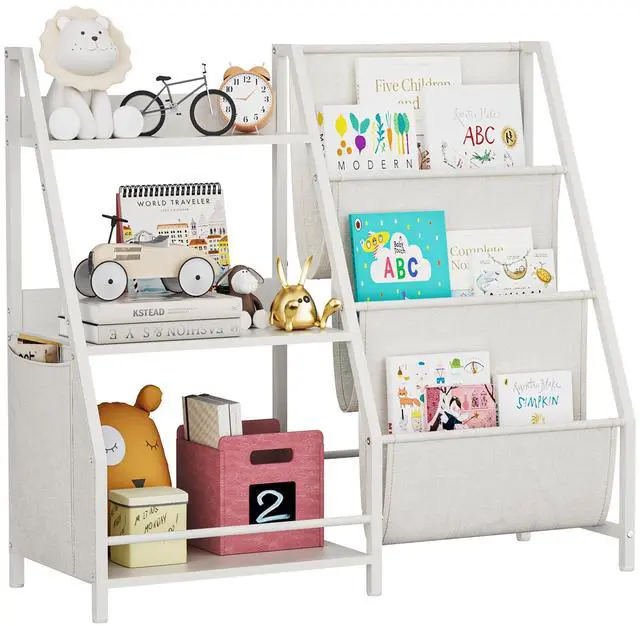 Main image of Kids Bookshelf and Toy Storage Organizer, Montessori Bookcase for Toddler Nursery, Wooden & Fabric Book Shelf with Anti-Tip Safety, White