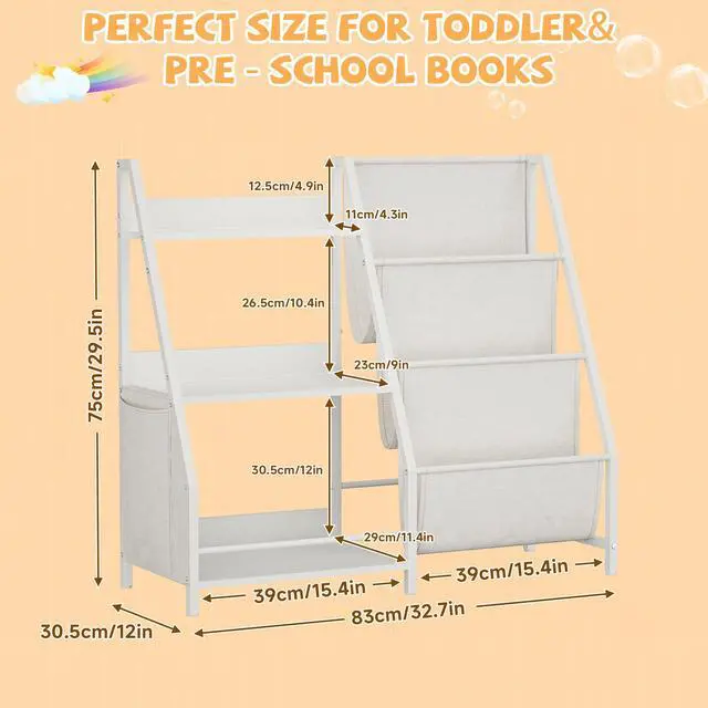 Alt view image 2 of 7 - Kids Bookshelf and Toy Storage Organizer, Montessori Bookcase for Toddler Nursery, Wooden & Fabric Book Shelf with Anti-Tip Safety, White