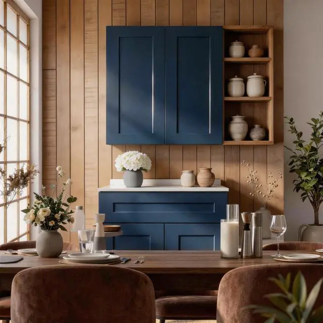 Alt view image 2 of 7 - 33" Navy Blue Shaker Wall Cabinet Solid Wood with 3 Adjustable Shelves Ready-to-Assemble for Kitchen, Bathroom, Laundry, and Garage Storage (33"W×12"D×42"H)