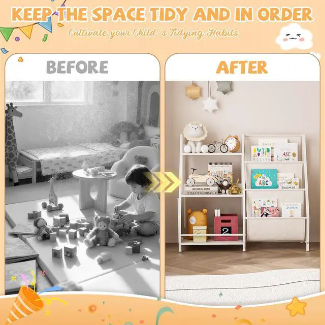 Alt view image 4 of 7 - Kids Bookshelf and Toy Storage Organizer, Montessori Bookcase for Toddler Nursery, Wooden & Fabric Book Shelf with Anti-Tip Safety, White