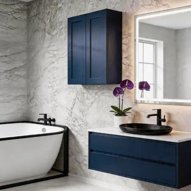 Alt view image 5 of 7 - 33" Navy Blue Shaker Wall Cabinet Solid Wood with 3 Adjustable Shelves Ready-to-Assemble for Kitchen, Bathroom, Laundry, and Garage Storage (33"W×12"D×42"H)
