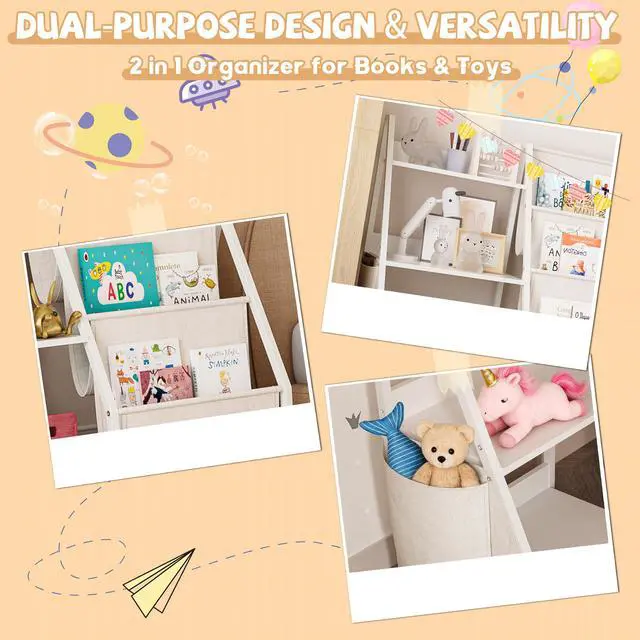 Alt view image 3 of 7 - Kids Bookshelf and Toy Storage Organizer, Montessori Bookcase for Toddler Nursery, Wooden & Fabric Book Shelf with Anti-Tip Safety, White