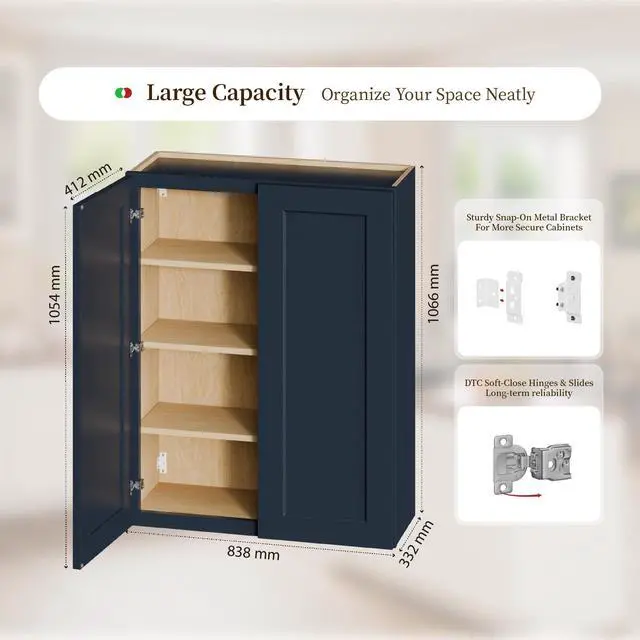 Alt view image 3 of 7 - 33" Navy Blue Shaker Wall Cabinet Solid Wood with 3 Adjustable Shelves Ready-to-Assemble for Kitchen, Bathroom, Laundry, and Garage Storage (33"W×12"D×42"H)