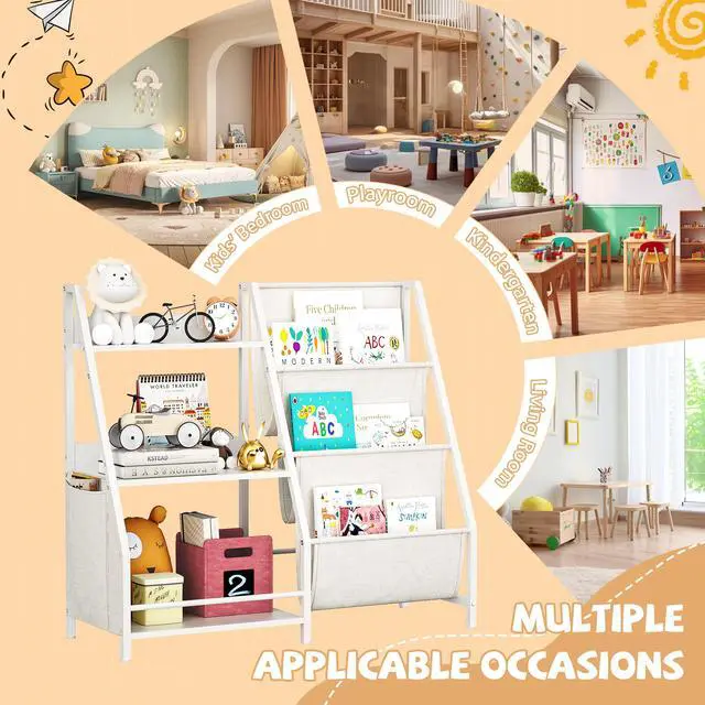 Alt view image 6 of 7 - Kids Bookshelf and Toy Storage Organizer, Montessori Bookcase for Toddler Nursery, Wooden & Fabric Book Shelf with Anti-Tip Safety, White