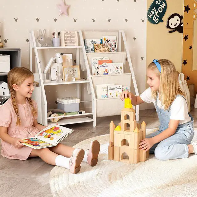 Alt view image 7 of 7 - Kids Bookshelf and Toy Storage Organizer, Montessori Bookcase for Toddler Nursery, Wooden & Fabric Book Shelf with Anti-Tip Safety, White