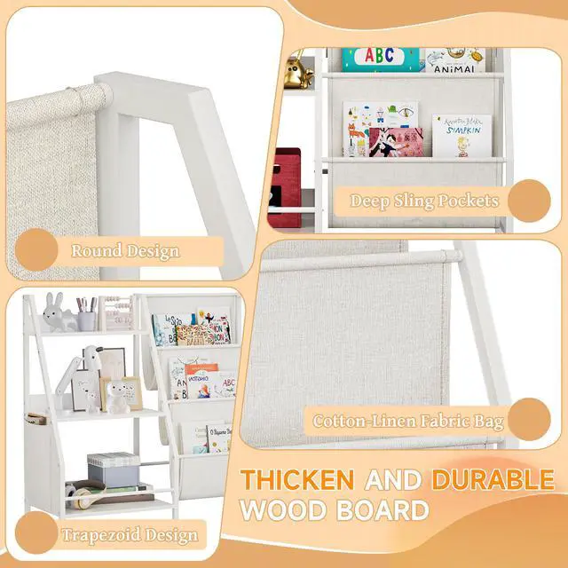 Alt view image 5 of 7 - Kids Bookshelf and Toy Storage Organizer, Montessori Bookcase for Toddler Nursery, Wooden & Fabric Book Shelf with Anti-Tip Safety, White