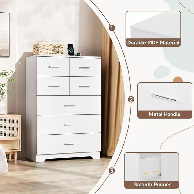 Alt view image 7 of 7 - Wooden 7-Drawer Storage Cabinet with Built-In Outlet Durable Organizer for Bedroom, Living Room, and Office