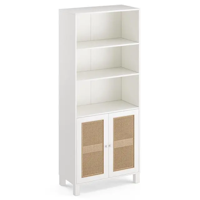 Alt view image 3 of 7 - Tall Bookcase with Rattan Doors,5 Tier Storage Wood Shelves Large Bookshelf for Library Living Room Bedroom Home Office,White
