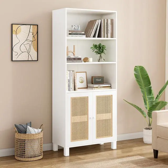 Alt view image 2 of 7 - Tall Bookcase with Rattan Doors,5 Tier Storage Wood Shelves Large Bookshelf for Library Living Room Bedroom Home Office,White