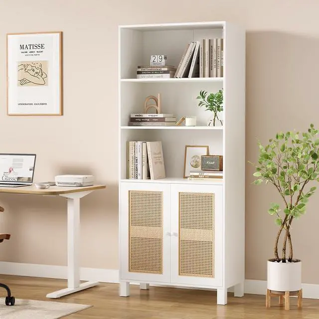 Alt view image 5 of 7 - Tall Bookcase with Rattan Doors,5 Tier Storage Wood Shelves Large Bookshelf for Library Living Room Bedroom Home Office,White