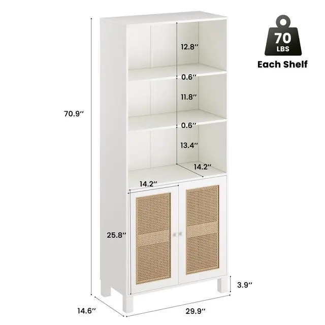 Alt view image 6 of 7 - Tall Bookcase with Rattan Doors,5 Tier Storage Wood Shelves Large Bookshelf for Library Living Room Bedroom Home Office,White