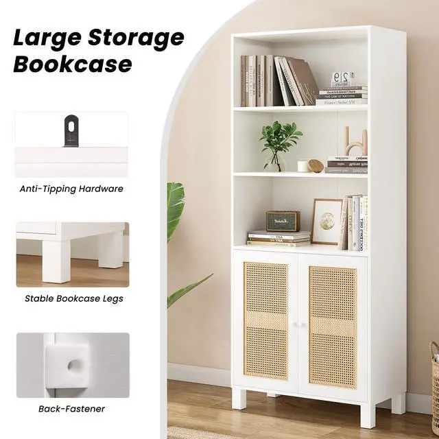 Alt view image 4 of 7 - Tall Bookcase with Rattan Doors,5 Tier Storage Wood Shelves Large Bookshelf for Library Living Room Bedroom Home Office,White