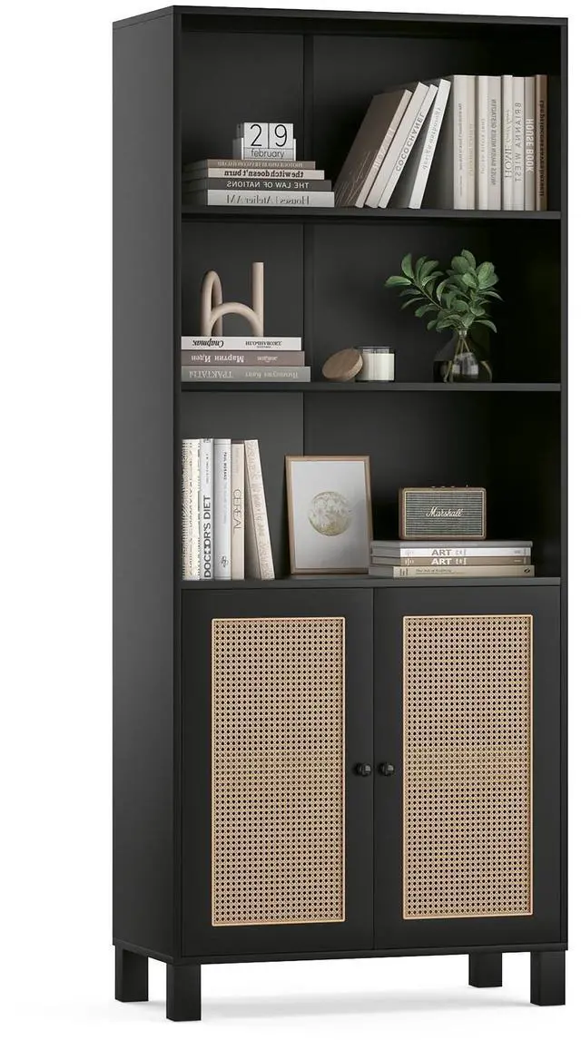 Main image of Tall Bookcase with Rattan Doors,5 Tier Storage Wood Shelves Large Bookshelf for Library Living Room Bedroom Home Office,Black