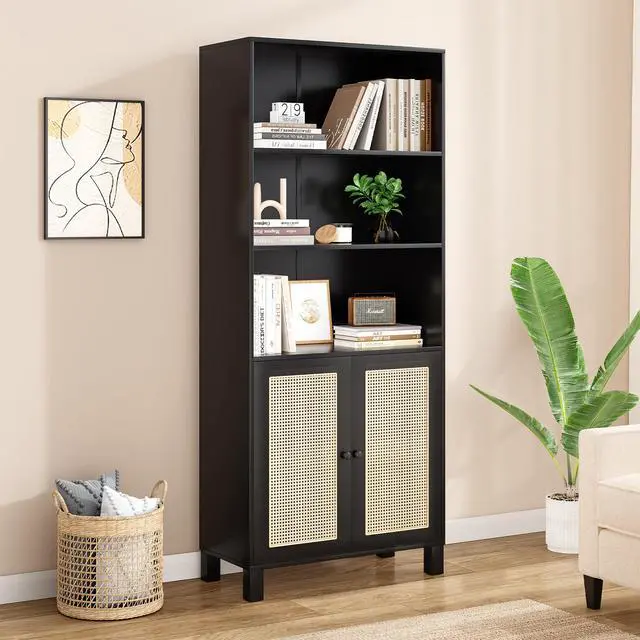 Alt view image 2 of 7 - Tall Bookcase with Rattan Doors,5 Tier Storage Wood Shelves Large Bookshelf for Library Living Room Bedroom Home Office,Black