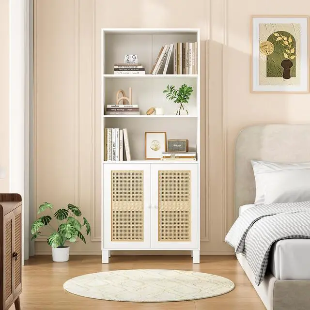 Alt view image 7 of 7 - Tall Bookcase with Rattan Doors,5 Tier Storage Wood Shelves Large Bookshelf for Library Living Room Bedroom Home Office,White