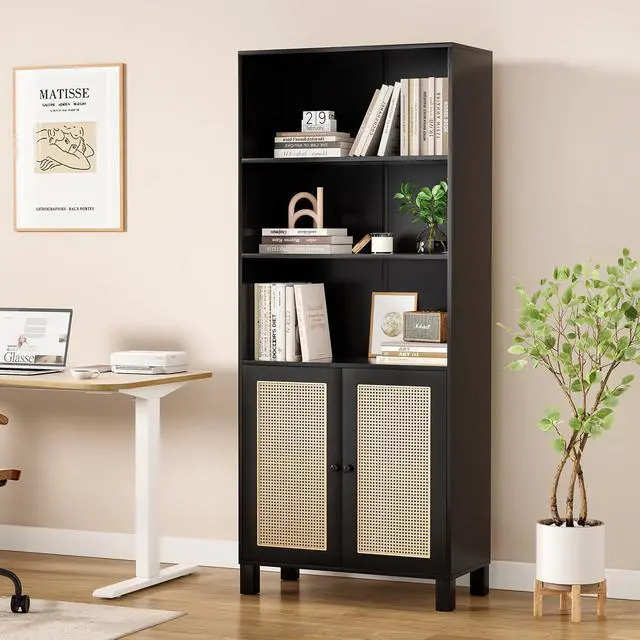 Alt view image 3 of 7 - Tall Bookcase with Rattan Doors,5 Tier Storage Wood Shelves Large Bookshelf for Library Living Room Bedroom Home Office,Black
