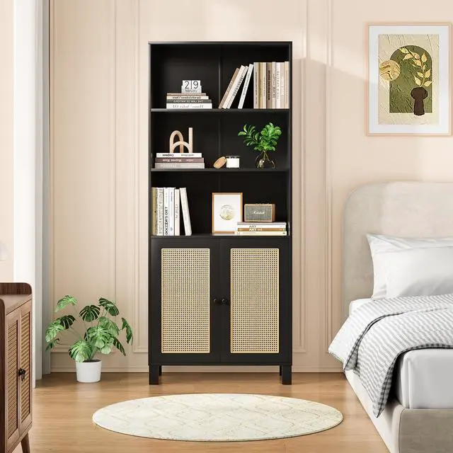 Alt view image 6 of 7 - Tall Bookcase with Rattan Doors,5 Tier Storage Wood Shelves Large Bookshelf for Library Living Room Bedroom Home Office,Black