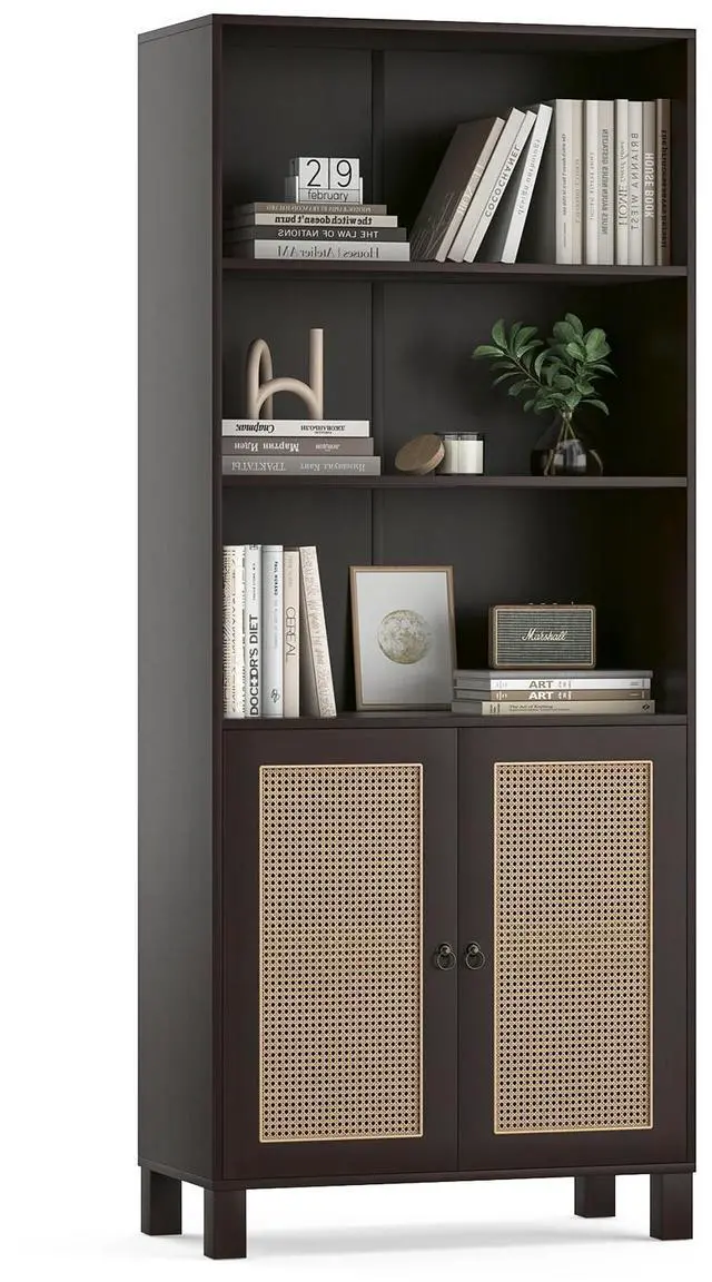 Main image of Tall Bookcase with Rattan Doors,5 Tier Storage Wood Shelves Large Bookshelf for Library Living Room Bedroom Home Office,Walnut
