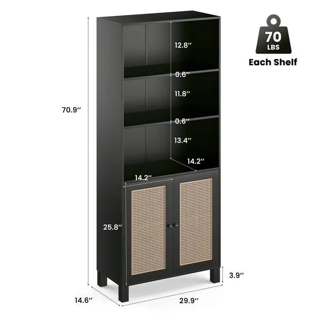 Alt view image 5 of 7 - Tall Bookcase with Rattan Doors,5 Tier Storage Wood Shelves Large Bookshelf for Library Living Room Bedroom Home Office,Black