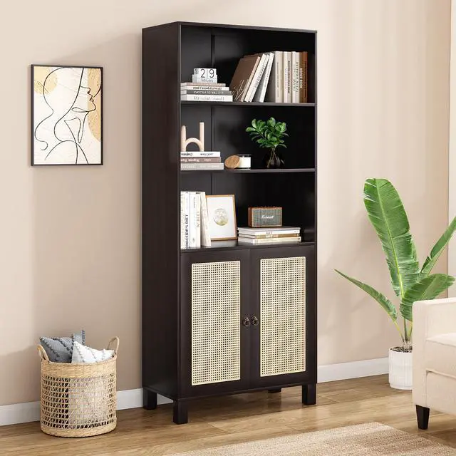 Alt view image 4 of 7 - Tall Bookcase with Rattan Doors,5 Tier Storage Wood Shelves Large Bookshelf for Library Living Room Bedroom Home Office,Walnut