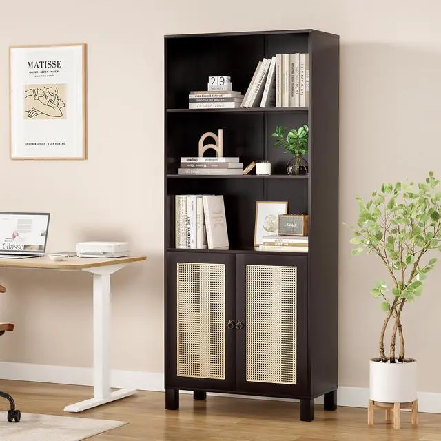 Alt view image 3 of 7 - Tall Bookcase with Rattan Doors,5 Tier Storage Wood Shelves Large Bookshelf for Library Living Room Bedroom Home Office,Walnut