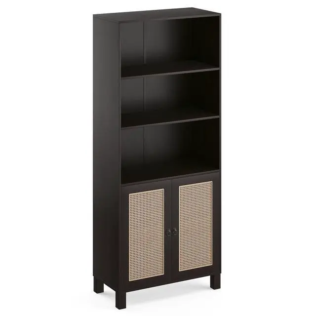 Alt view image 2 of 7 - Tall Bookcase with Rattan Doors,5 Tier Storage Wood Shelves Large Bookshelf for Library Living Room Bedroom Home Office,Walnut