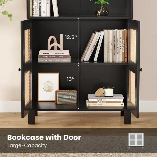 Alt view image 7 of 7 - Tall Bookcase with Rattan Doors,5 Tier Storage Wood Shelves Large Bookshelf for Library Living Room Bedroom Home Office,Black