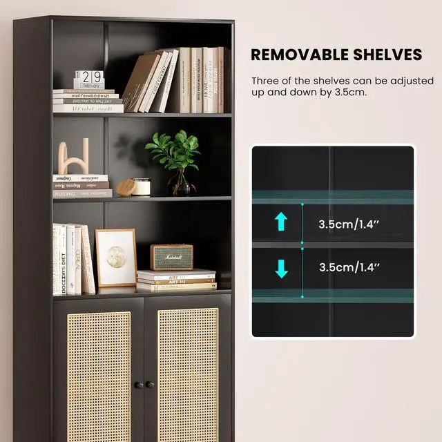 Alt view image 4 of 7 - Tall Bookcase with Rattan Doors,5 Tier Storage Wood Shelves Large Bookshelf for Library Living Room Bedroom Home Office,Black