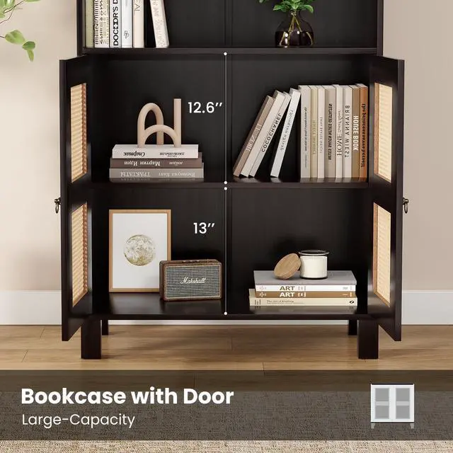 Alt view image 5 of 7 - Tall Bookcase with Rattan Doors,5 Tier Storage Wood Shelves Large Bookshelf for Library Living Room Bedroom Home Office,Walnut