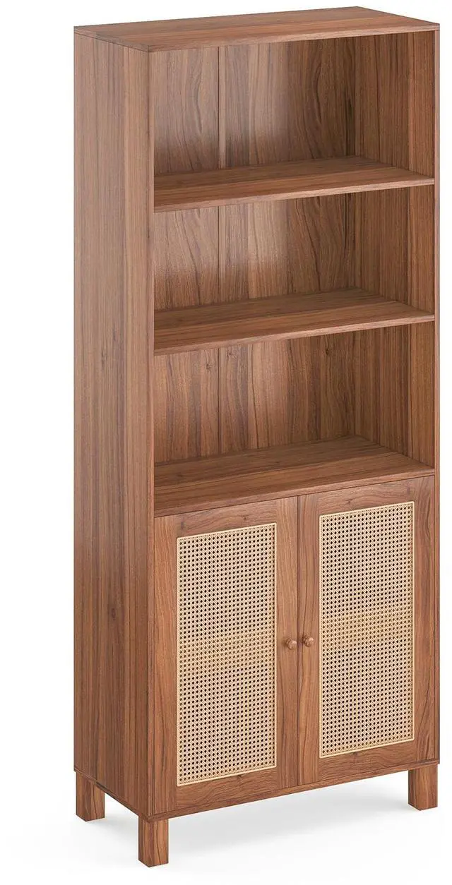 Alt view image 2 of 7 - Tall Bookcase with Rattan Doors,5 Tier Storage Wood Shelves Large Bookshelf for Library Living Room Bedroom Home Office,Natural